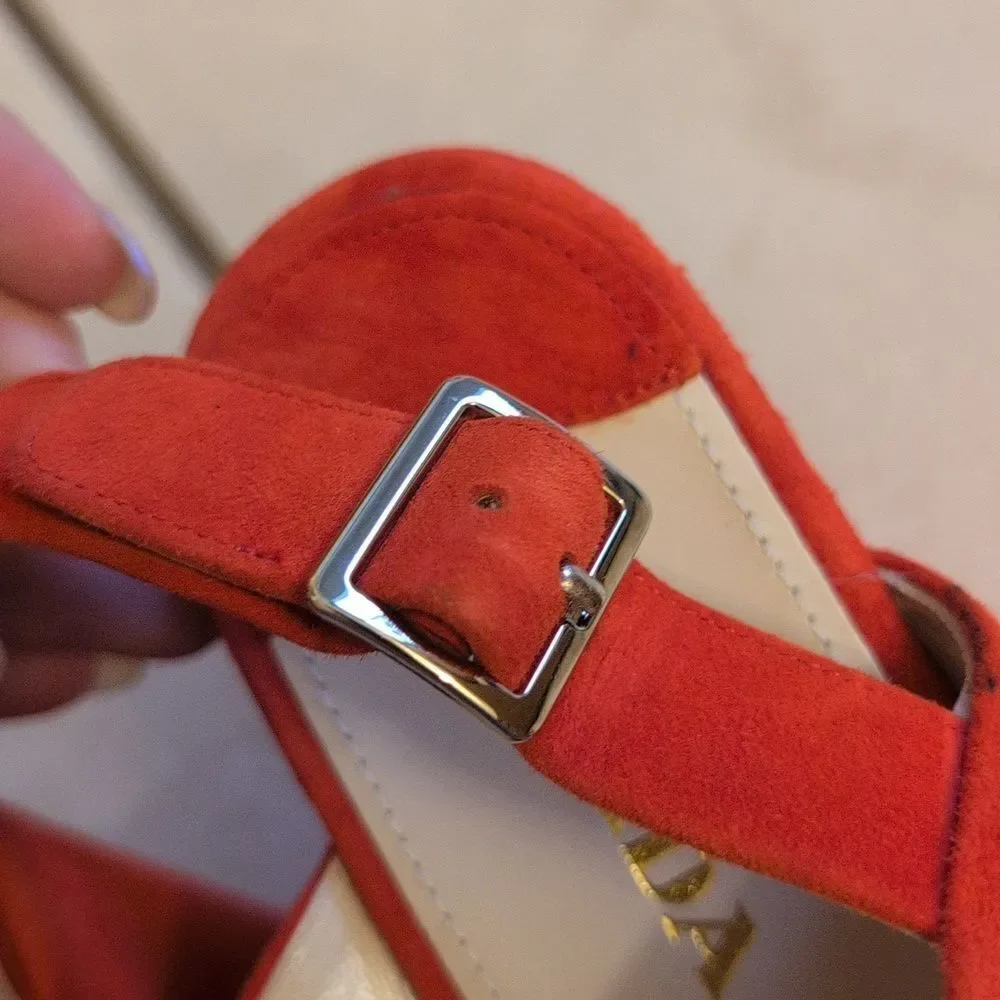 Prada Lipstick Red Wedges Leather Suede Platform Ankle Strap Sandals Size 11.5